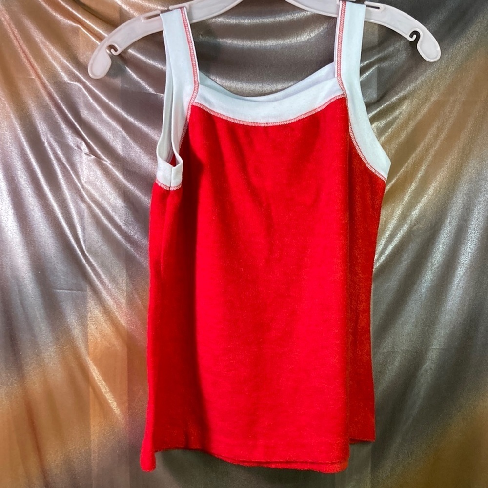 Vintage 1970’s Sears red terry cloth tank top with‎ white trim 22” long 201